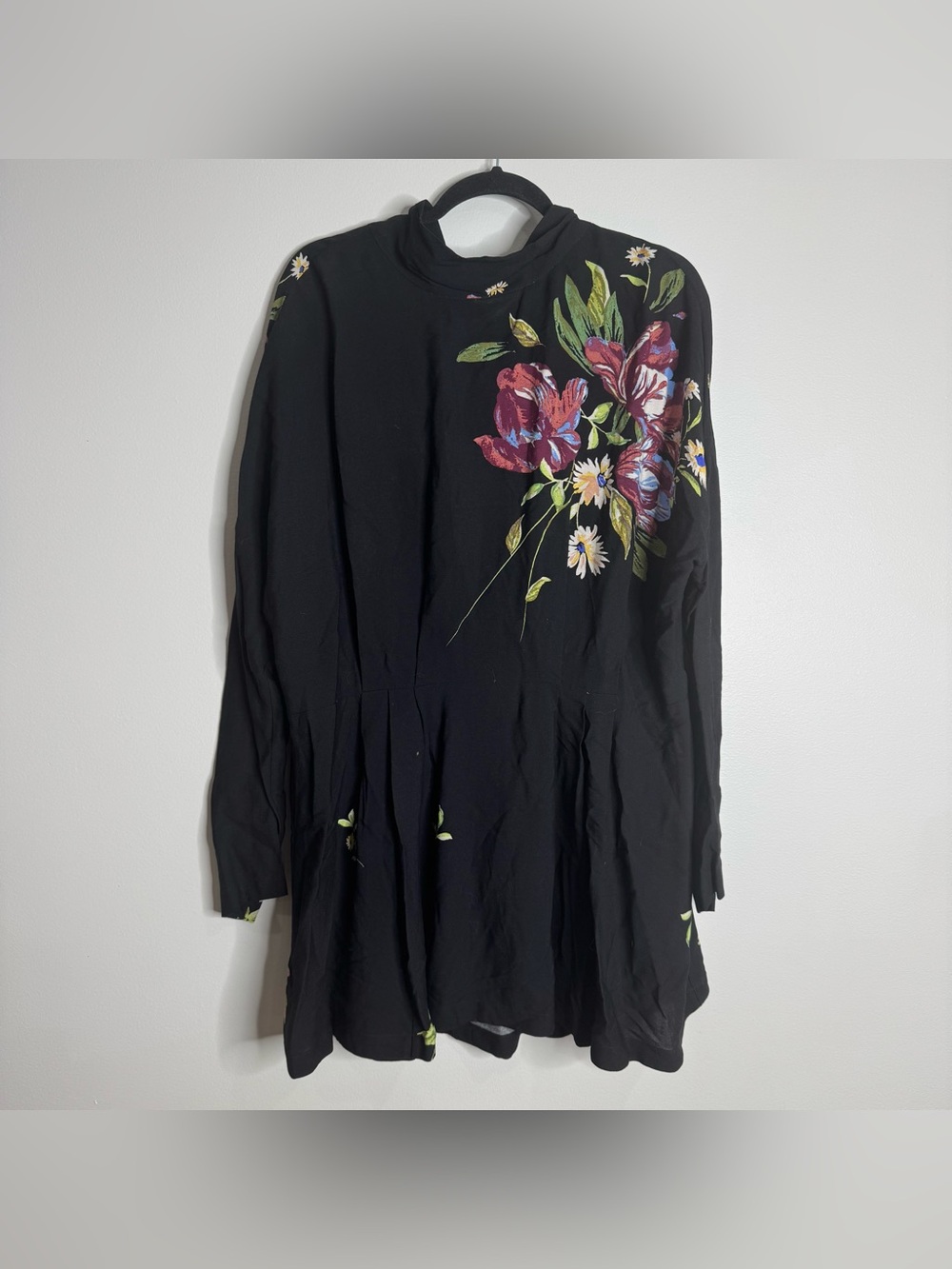 Free People Gemma Tunic Mini Dress Black Floral High Neck Open Back Tie Large - Picture 2 of 9